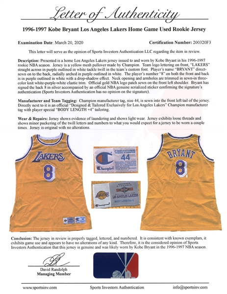 Lot Detail - 1996-97 Kobe Bryant Rookie Season Game Used and Signed Lakers  Home Jersey - Photo Matched To 7 Games & Pre-Season Photo Shoot  (Resolution, SIA & Beckett) - Earliest Career Photo Matched Jersey!