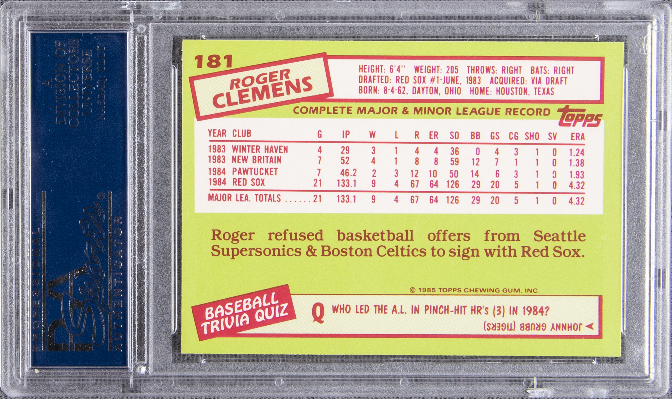Lot Detail - 1985 Topps Tiffany #181 Roger Clemens Rookie Card – PSA MINT 9