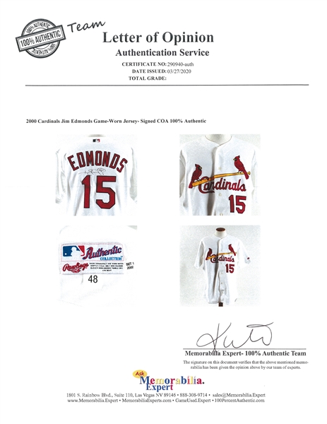 Lot Detail - 2000 Jim Edmonds Game Used and Signed St. Louis Cardinals Home  Jersey (Beckett)