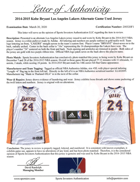 Lot Detail - 2014-15 Kobe Bryant Game Used Los Angeles Lakers Home White  Jersey Photo Matched (3 games Including Season-High 44 Point Game on  11/16/14 vs The Golden State Warriors) (Resolution Photomatching)