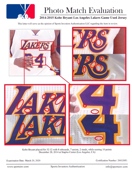 Lot Detail - 2014-15 Kobe Bryant Game Used Home Los Angeles Lakers White  Alternate Jersey Photo Matched to 2 Games (Sports Investors Authentication)