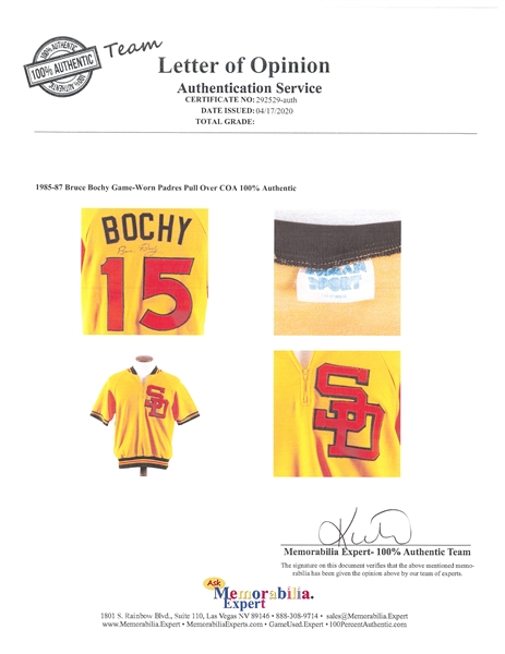 Lot Detail - 1985-87 Bruce Bochy Game Worn and Signed San Diego Padres Pull  Over