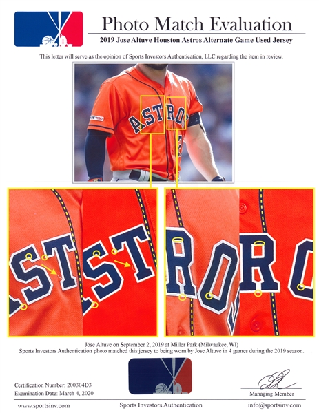 Lot Detail - 2019 Jose Altuve Game Used Houston Astros Orange Alternate  Jersey Photo Matched To 4 Games (MLB Authenticated & Sports Investors  Authentication)