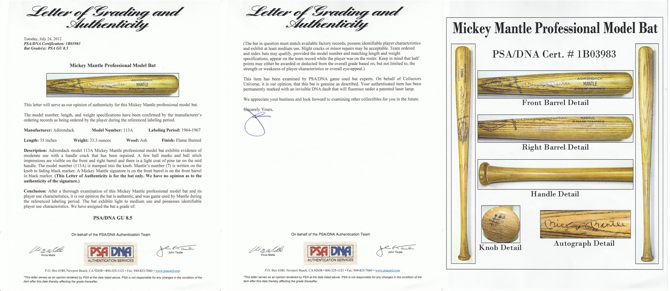 Mickey Mantle 1961 Game Used Louisville Slugger Baseball Bat With PSA DNA  COA - MLB Game Used Bats at 's Sports Collectibles Store