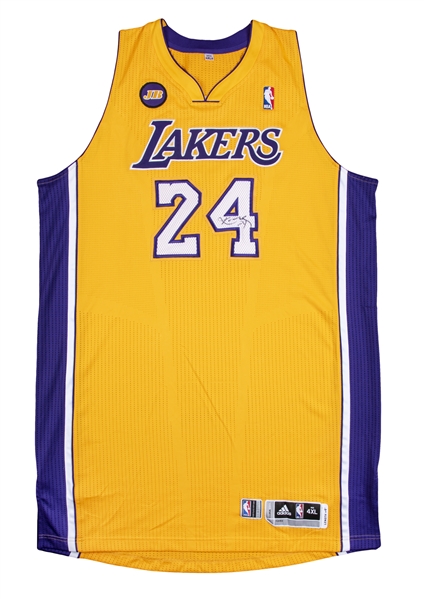 New York, United States. 31st Jan, 2023. A Kobe Bryant game-worn and signed  Los Angeles Lakers Jersey from his only MVP season is on display as part of  the Zenith Part I