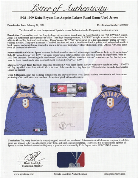 Lot Detail - Kobe Bryant Game-Worn #8 Lakers Road Jersey From the 1998-99  Season -- With Mears & Grey Flannel COAs