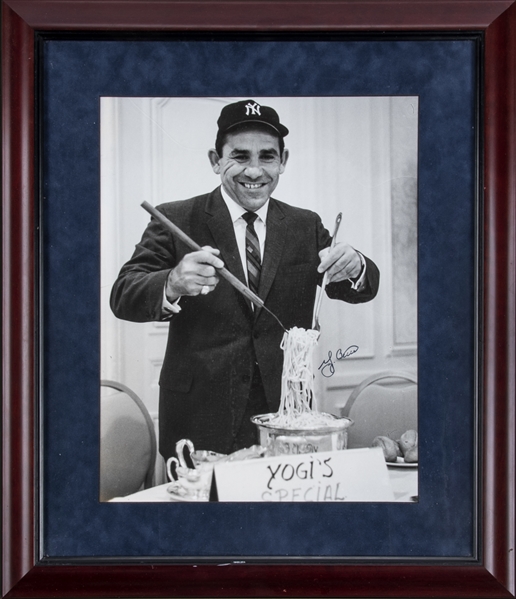 Yogi Berra Signed 32x36 Custom Framed Cut Display with #8 Jersey Pin  (Beckett)