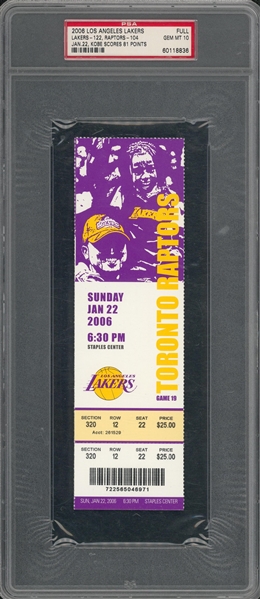 2006 Los Angeles Lakers Ticket For 1/22/06 - Kobe Scores 81 Points (PSA GEM MT 10) POP 1