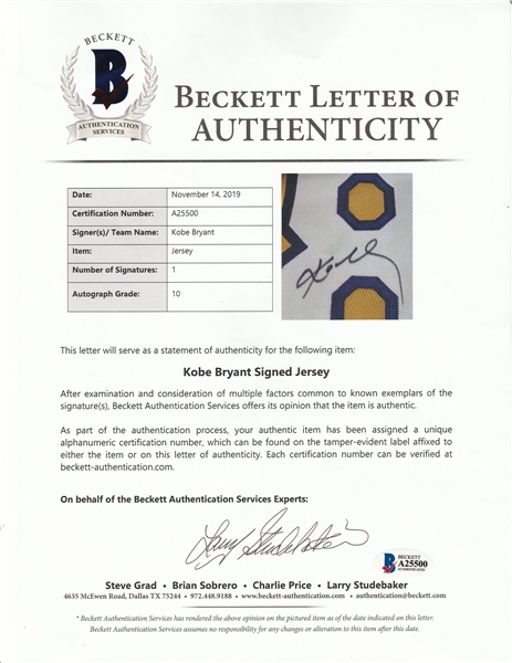 Lot Detail - Kobi Bryant Signed La Lakers Trophy - Beckett Letter