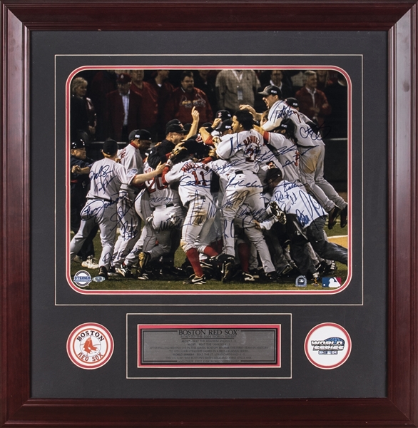Lot Detail - 2004 Boston Red Sox Team Signed World Series Celebration Photo  With 26 Signatures In 30x30 Framed Display (Steiner & MLB Authenticated)