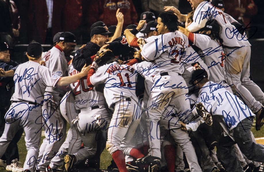 Lot Detail - 2004 Boston Red Sox Team Signed World Series Celebration Photo  With 26 Signatures In 30x30 Framed Display (Steiner & MLB Authenticated)