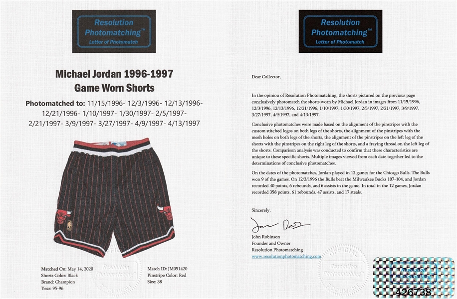Lot Detail - 1996-97 Michael Jordan Game Used/Photo Matched Chicago Bulls  Black Road Uniform-Jersey & Shorts Worn 4/13/97-Only Known Photo Matched  1996-97 Jordan! Shorts Matched To 12 Games (Resolution/Bulls LOA)