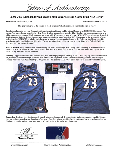 Lot Detail - 2002-03 Michael Jordan Final Career Game Used & Signed  Washington Wizards Road Jersey Photo Matched To 14 Games - Final Jersey Worn  April 16, 2003 (Meigray, Sports Investors, Beckett & Koehler)