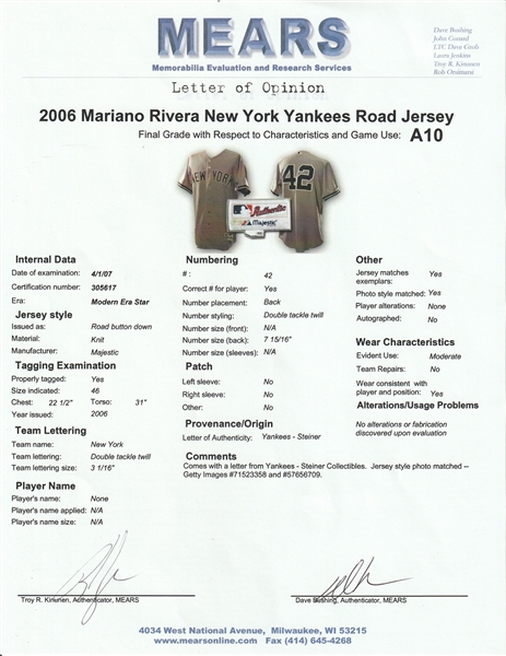 Lot Detail - Mariano Rivera 2006 Game Worn Road Jersey (Steiner LOA)
