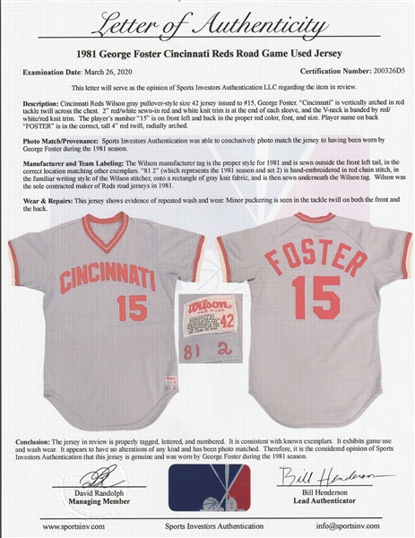 Lot Detail - 1981 George Foster Game Used Cincinnati Reds Road Jersey