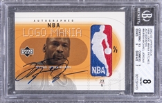 2002-03 Upper Deck "NBA Logo Mania" #MJ-NBA Michael Jordan Signed Logoman Game Used Patch Card (#1/1) – BGS NM-MT 8/BGS 9 – An Inaugural Jordan Logoman Card Appearance!
