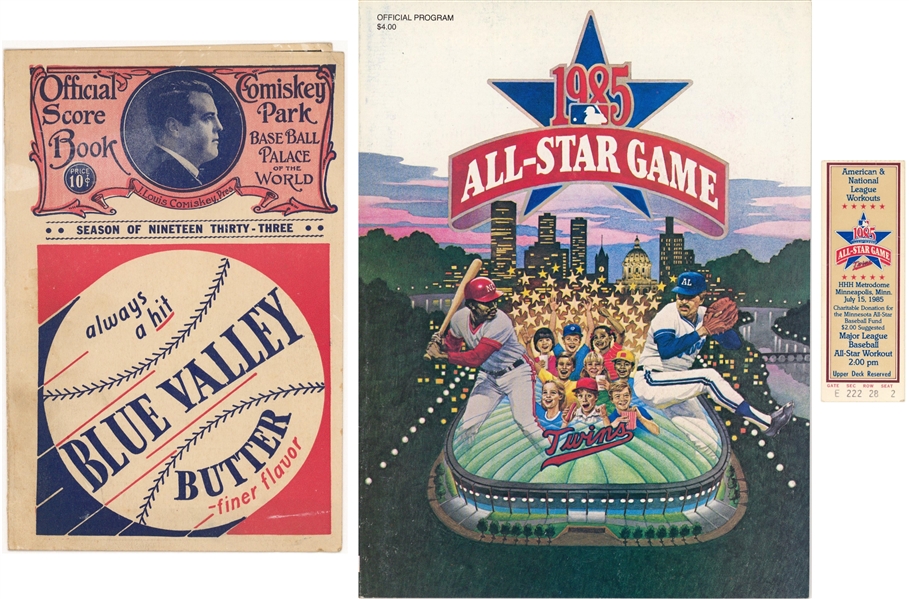Lot Detail - 1933 All Star Game Program from First All Star Game with 1985  All Star Game Program and Ticket from First Home Run Derby