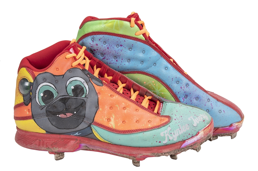 A detailed view of Air Jordan cleats worn by Mookie Betts of the
