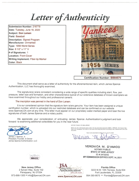 Don Larsen Signed Yankees Jersey (JSA) Pitched a Perfect Game 1956