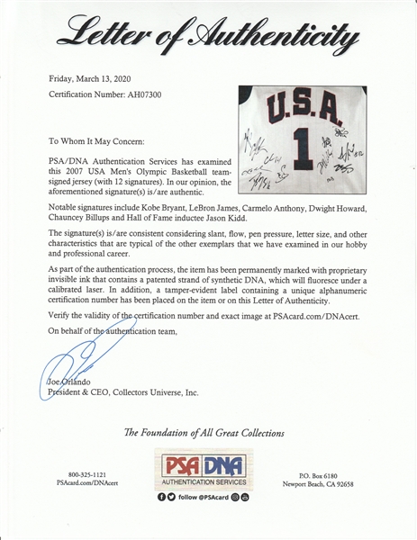 Kobe Bryant Lebron James 2008 Team USA Olympics Signed Jersey Redeem Team  PSA