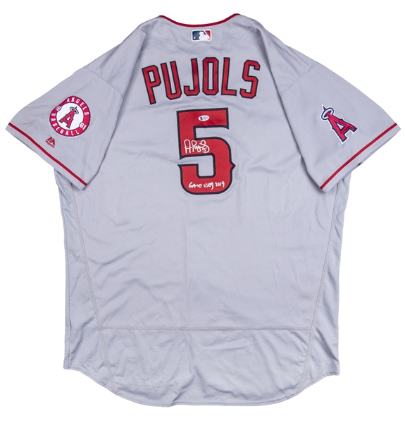 Lot Detail - 2017 Albert Pujols Game Used, Signed & Inscribed Los Angeles  Angels Road Jersey Used On 7/9/2017 For Career Home Run #604 (MLB  Authenticated & Beckett)
