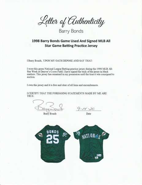 Lot Detail - 1998 Barry Bonds Game Used And Signed MLB All Star Game  Batting Practice Jersey (Bonds LOA)