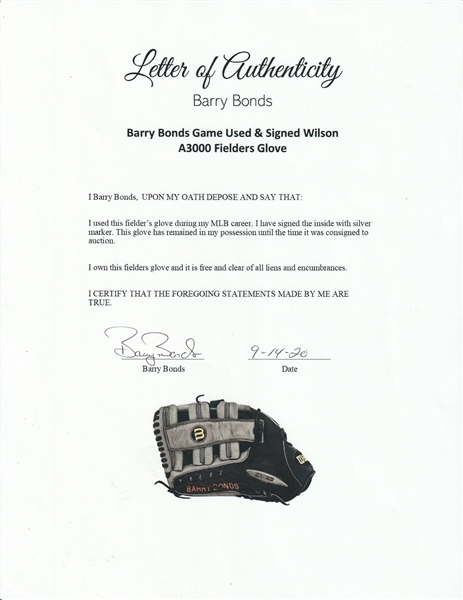Circa 2008 Barry Bonds Issued Fielder's Glove.  Baseball, Lot #83556