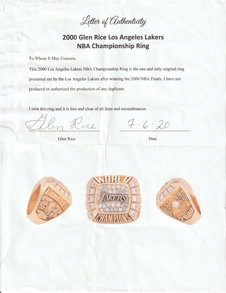 Lot Detail - 2000 Glen Rice Los Angeles Lakers NBA Championship Player Ring  (Rice LOA)