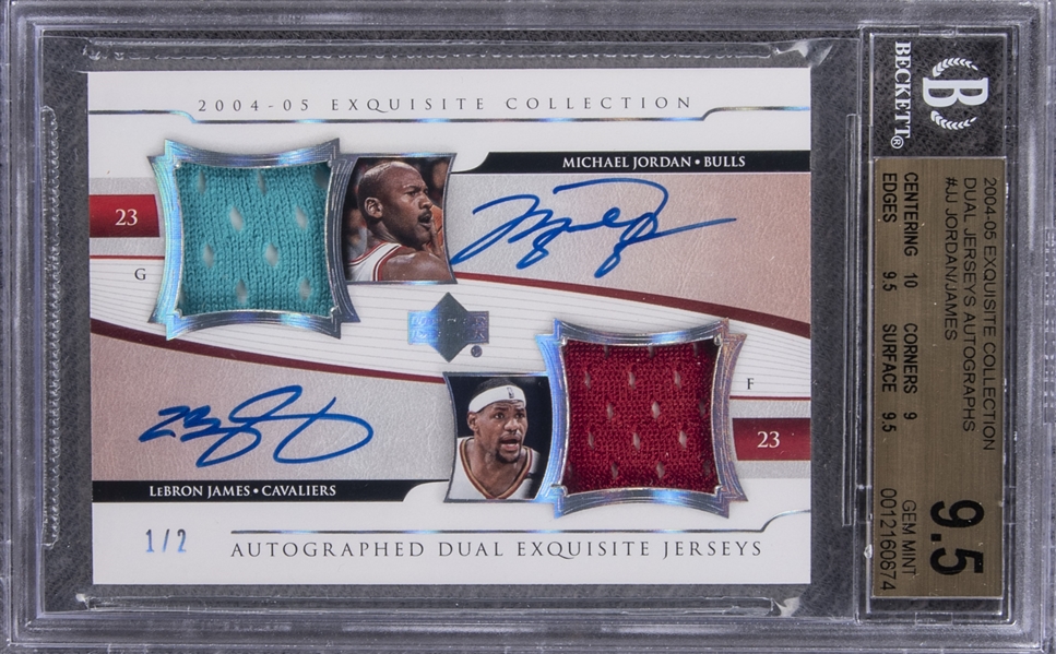 2004-05 Exquisite Collection "Dual Jerseys Autographs" #A2E-JJ Michael Jordan/LeBron James Dual-Signed NBA All-Star Game Used Patch Card (#1/2) – BGS GEM MINT 9.5/BGS 10