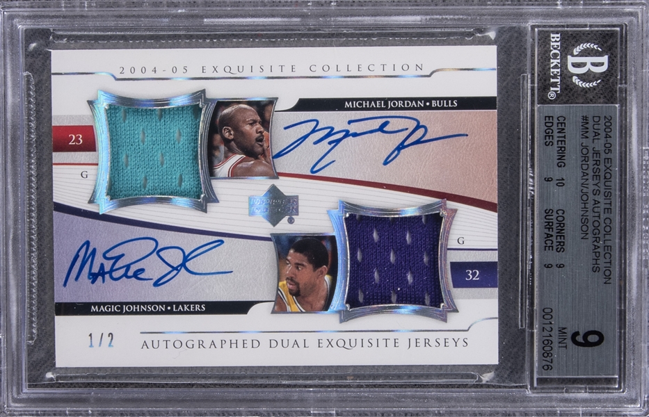 2004-05 Exquisite Collection "Dual Jerseys Autographs" #A2E-MM Michael Jordan/Magic Johnson Dual-Signed Game Used Patch Card (#1/2) – BGS MINT 9/BGS 10