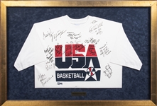 Historic 1992 "Dream Team" Signed Shirt In a 31 x 44 Framed Display With 16 Signatures Including Jordan, Pippen, Johnson, Bird and More! - Gifted to Jimmy Valvano! (PSA/DNA)