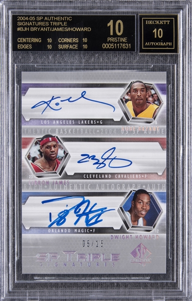 2004-05 SP Authentic "Triple Signatures" #SP3-BJH Kobe Bryant/LeBron James/Dwight Howard Multi-Signed Card (#05/15) – BGS PRISTINE 10/Black Label 10/Auto 10