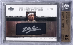 2003-04 UD "Exquisite Collection" Scripted Swatches #LJ LeBron James Signed Game Used Patch Rookie Card (#12/25) – BGS GEM MINT 9.5/BGS 10