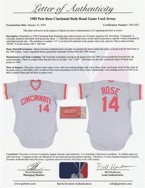 Lot Detail - 1985 Pete Rose Game Used & Signed Cincinnati Reds Road Jersey  (Sports Investors Authentication & JSA)