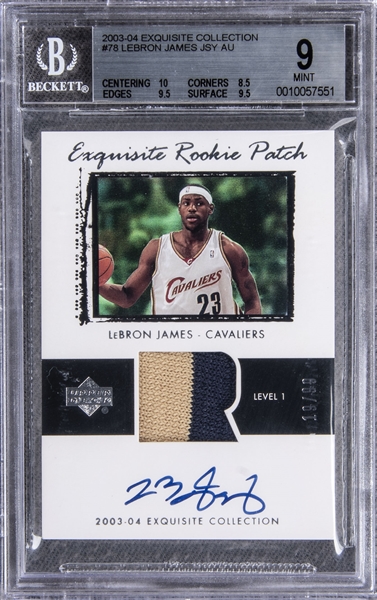 2003-04 UD "Exquisite Collection" Rookie Patch Autograph (RPA) #78 LeBron James Signed Rookie Card (#19/99) – BGS MINT 9/BGS 10