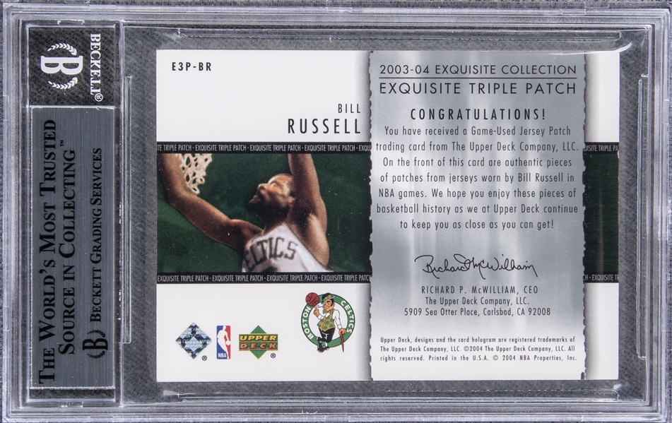 2003-04 Upper Deck Exquisite Collection Exquisite Triple Patch #E3P-BR Bill  Russell Triple Patch Card (#08/10) - PSA EX-MT 6 on Goldin Auctions