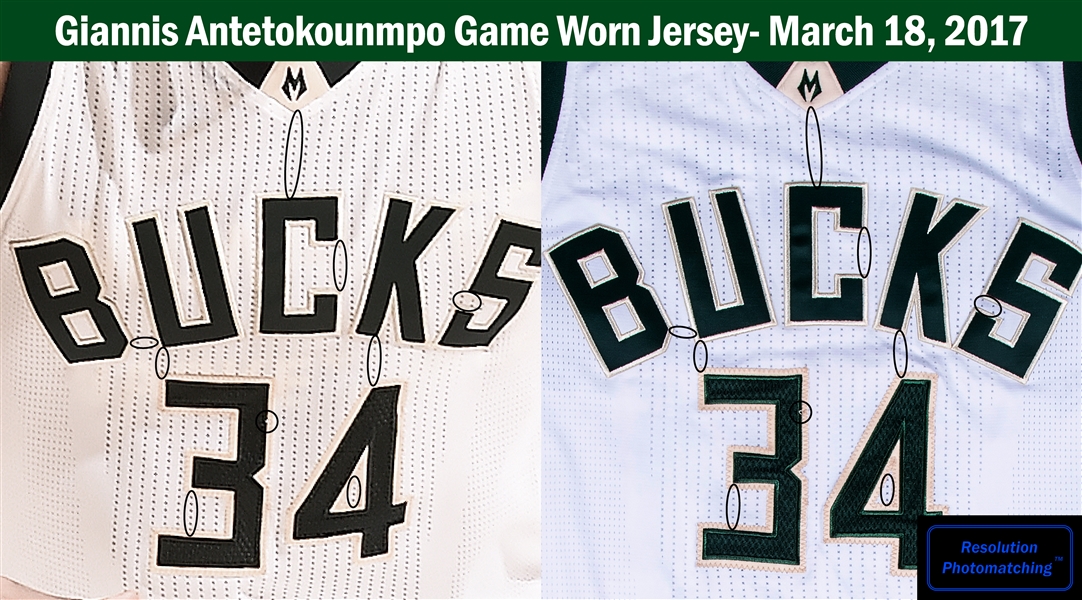 Lot Detail - 2015 Giannis Antetokounmpo Game Used & Signed Milwaukee Bucks  #34 Alternate Jersey Photo Matched To 2 Games - 1/25/15 & 1/29/15! (MeiGray  & Beckett)