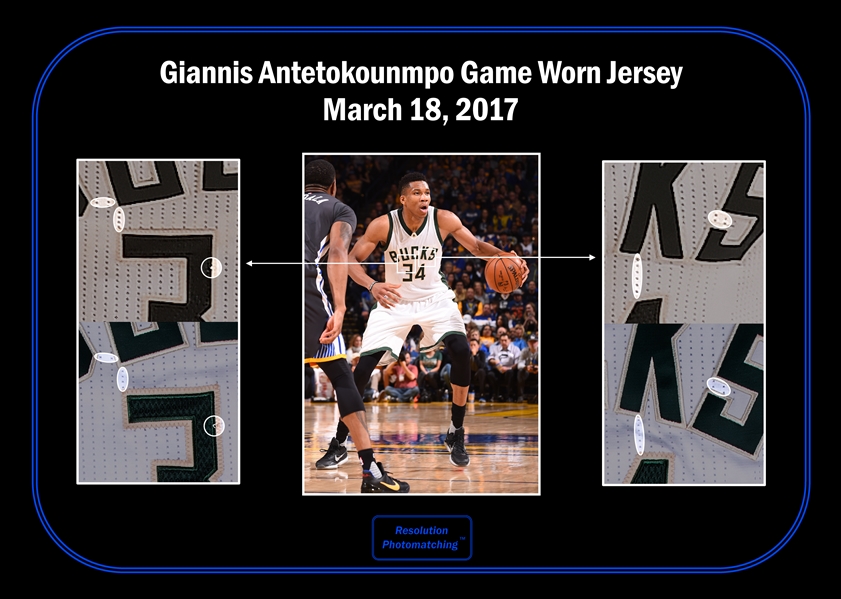 Lot Detail - 2015 Giannis Antetokounmpo Game Used & Signed Milwaukee Bucks  #34 Alternate Jersey Photo Matched To 2 Games - 1/25/15 & 1/29/15! (MeiGray  & Beckett)