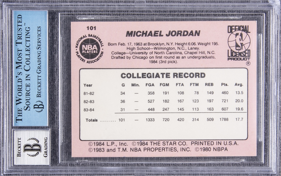 Lot Detail - 1984-85 Star Co. #101 Michael Jordan Signed Rookie Card – BGS/JSA  10 Signature!