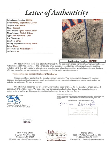 Tom Seaver Signed Authentic 1969 New York Mets Mitchell & Ness Jersey JSA  COA