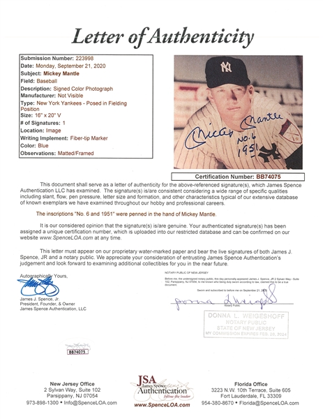Beautiful Mickey Mantle Signed NY Yankees 1951 NO. 6 Rookie Jersey Beckett  COA