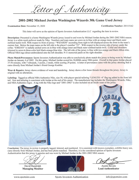 2001-02 Michael Jordan Game Used Photo Matched and Signed Washington Wizards  #23 Home Jersey Used on 11/11/01 - Double-Double 16 Pts. & 12 Reb.  (Meigray, Uda & Sports Investors Authentication)
