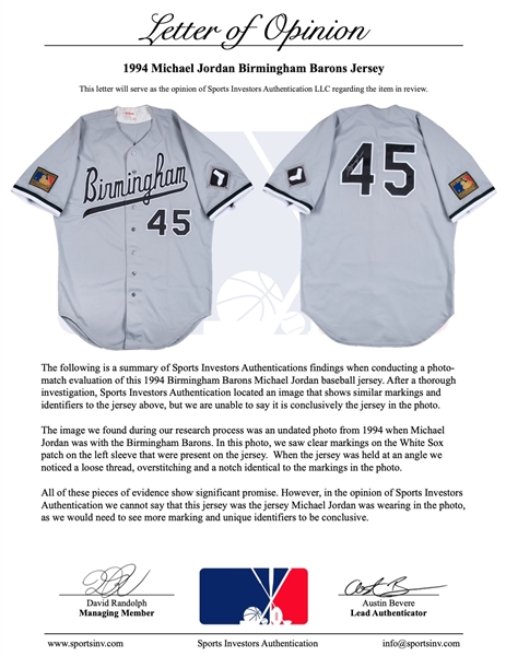 MICHAEL JORDAN Autographed Birmingham Barons #45 Baseball Jersey