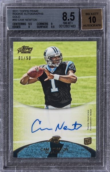 Lot Detail 2011 Topps Prime 50 Cam Newton Signed Rookie Card 01 50 Bgs Nm Mt 8 5 Bgs 10