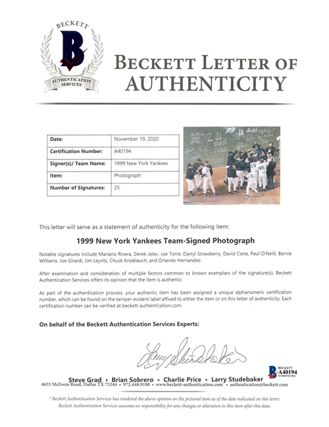 1999 Yankees Team Signed World Series Game Used Jersey Derek Jeter Beckett  COA