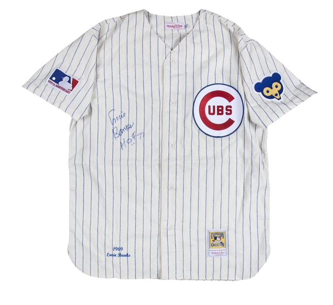 Lot Detail - Ernie Banks Signed & Inscribed HOF 77 Mitchell & Ness 1969  Replica Home Jersey (JSA)