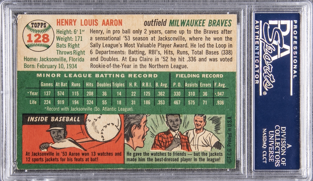 Hank Aaron Signed 1954 Topps #128 Rookie Baseball Card Braves PSA