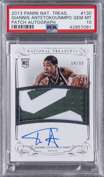 2013/14 "National Treasures" #130 Giannis Antetokounmpo Signed Patch Rookie Card (#54/99) – PSA GEM MT 10 "1 of 3!"