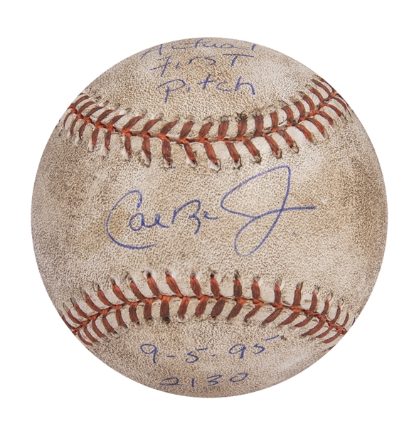 Actual First Pitch Game Used Baseball from Cal Ripken Jr.s 2130 Consecutive Game Tying Lou Gehrigs All Time Record - Signed & Inscribed By Ripken (Ripken LOA) 