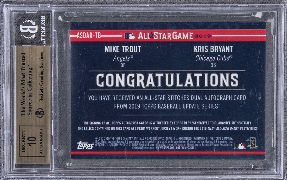 Lot Detail - 2019 Topps Update All-Star Stitches Dual Autos Red #ASDARTB  Mike Trout/Kris Bryant Signed Patch Card (#9/10) - BGS GEM MINT 9.5/BGS 10